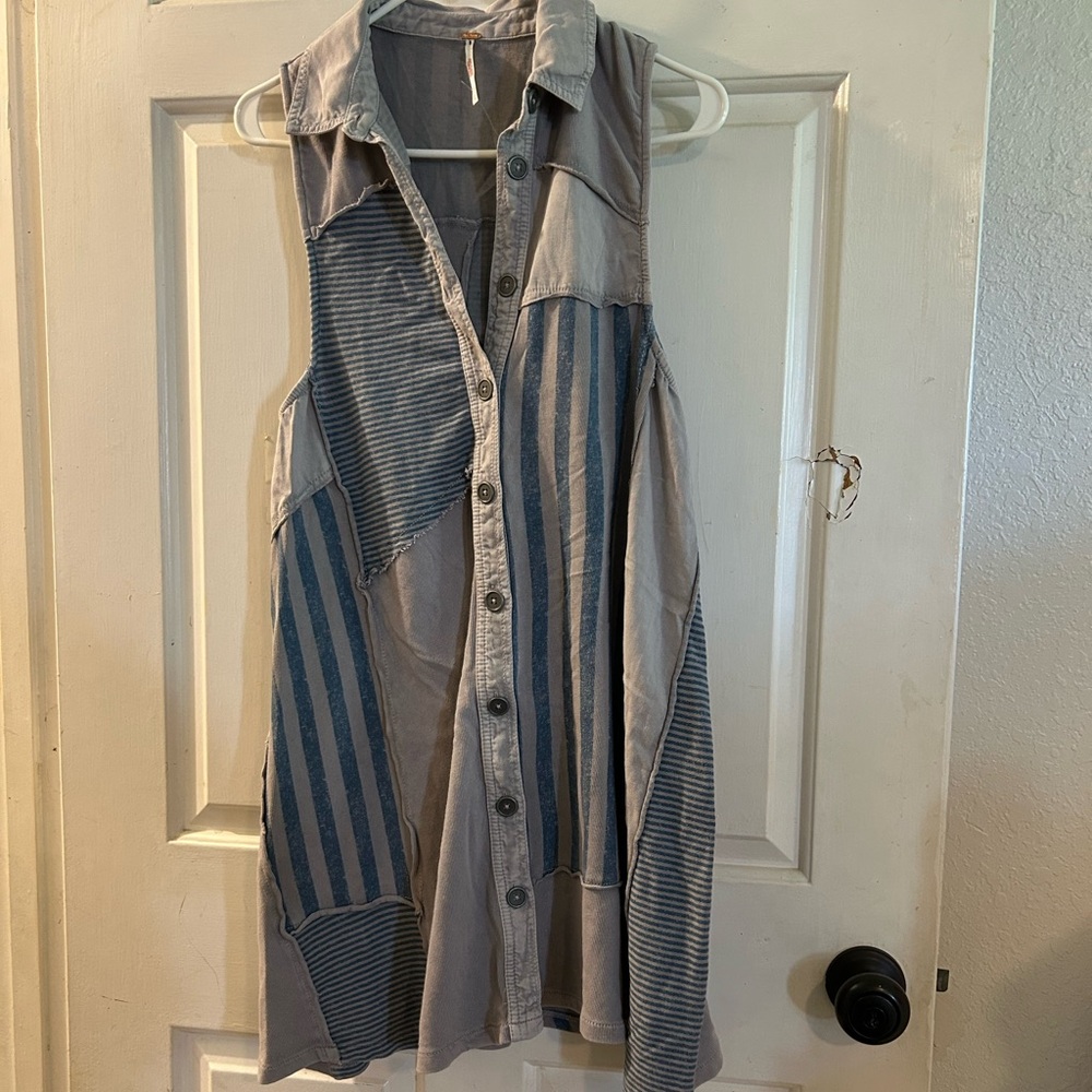 Free People Gray and Blue Patchwork Button-Front … - image 1